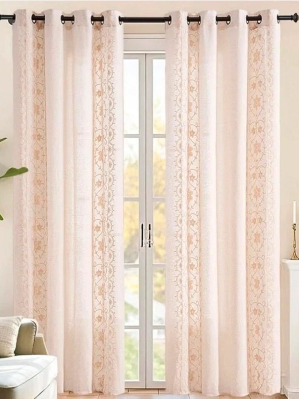 Chevr White Floral Sheer Linen Textured Grommet Top Curtain Panels 52x84